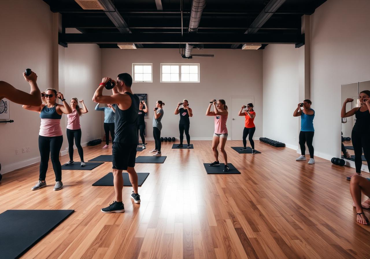 Group fitness bootcamp with kettlebells