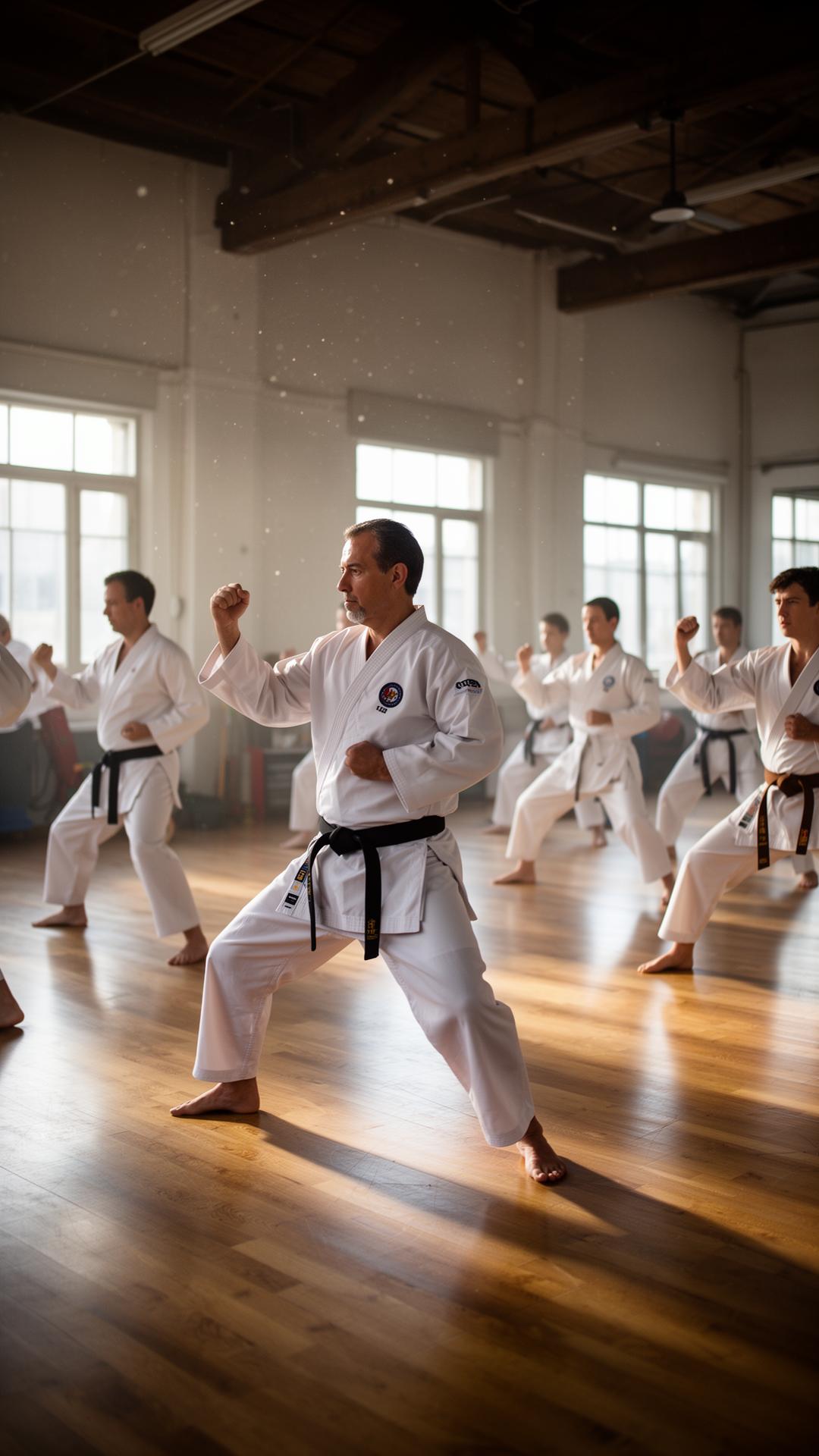 Karate class training in the wood-floor studio